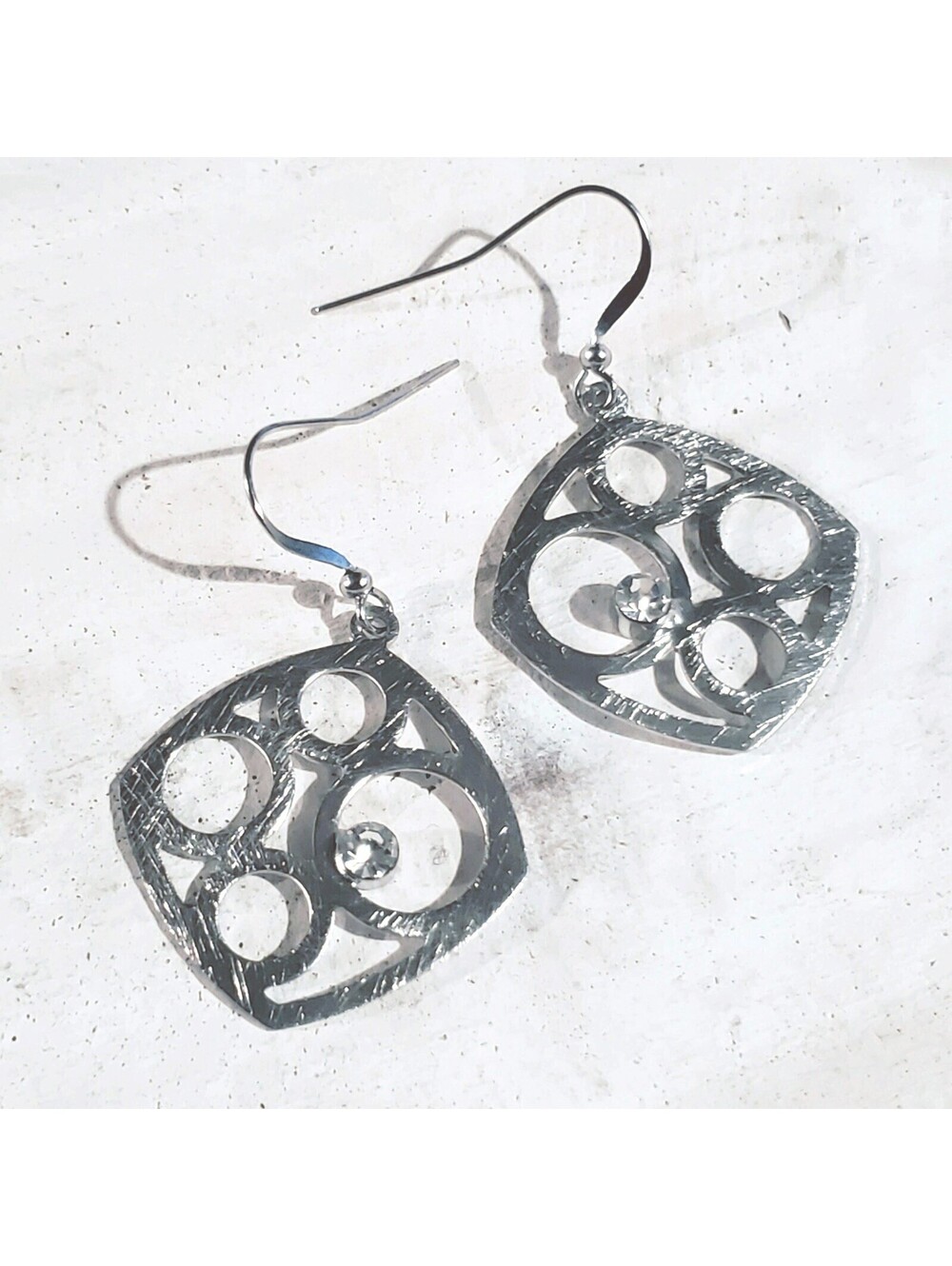 Art Deco Brushed Stainless Steel Geometric Cutout Austrian Crystal Earrings